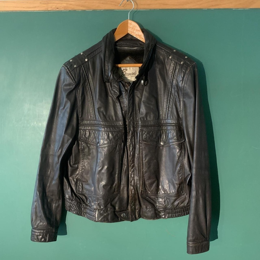 Bermans Vintage 90s Leather Jacket Studded Fur Lined Black Mens Large 46